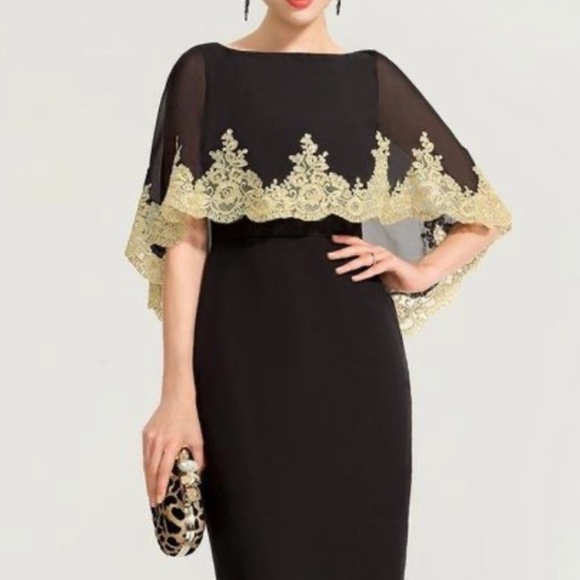 JJs House Dresses Beautiful Black And Gold Kneelength Chiffon Dress